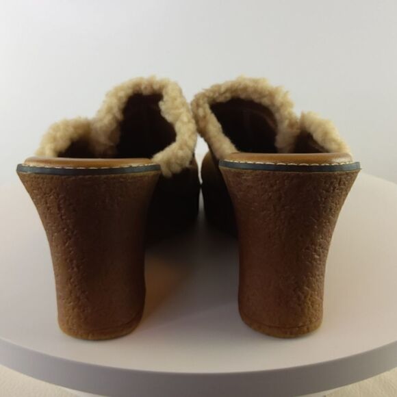 Lower East Side camel color faux suede wedge heel clogs with faux fur - Picture 10 of 15